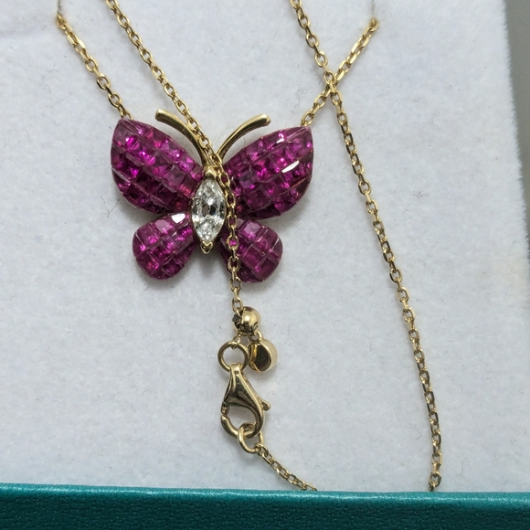750/18K YG Invisible set Rubies and Diamond Butterfly Necklace - Picture 12 of 16